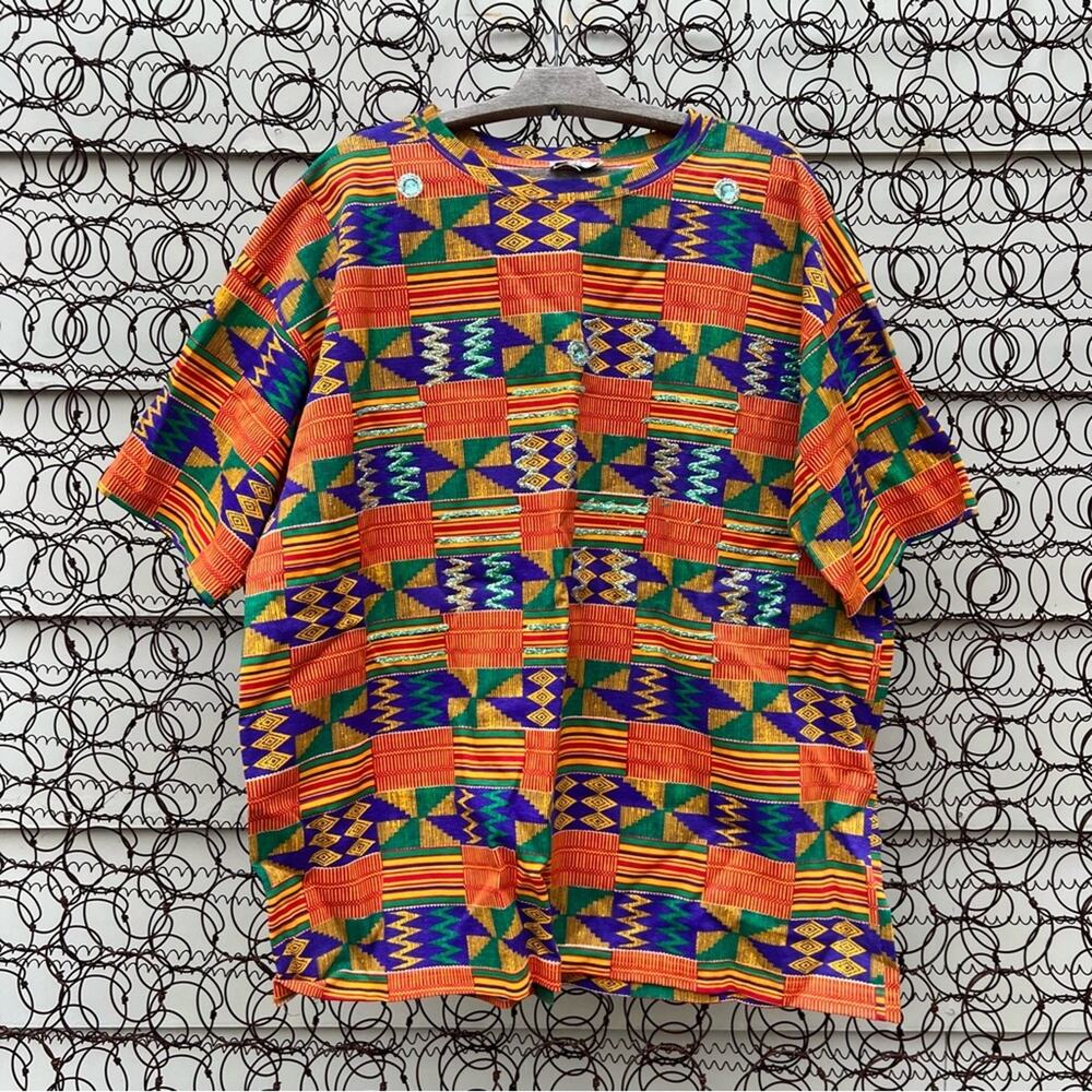 Vintage 90s Merci Orange Geometric Ethnic Tribal T-shirt 3X